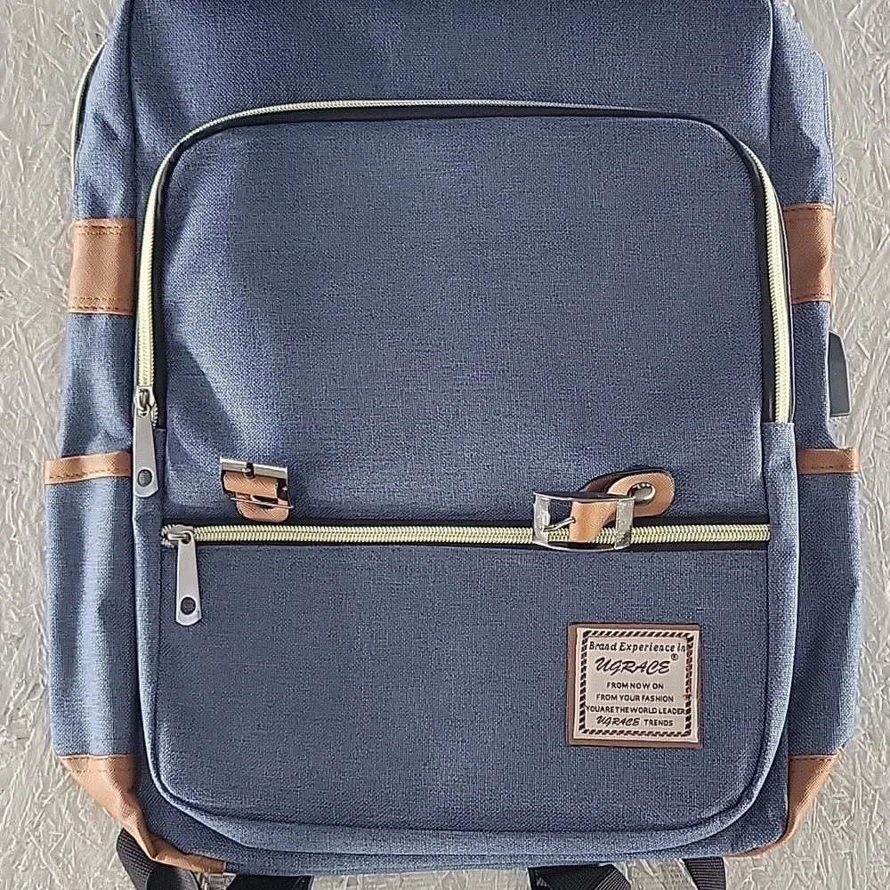 Stylish Blue and Brown Backpack Vintage Style NWOT